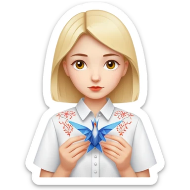 Ukrainian young girl in a white embroidered shirt holds an origami crane sticker