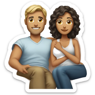 A tanned man with short curly hair and a tanned woman with long straight hair cuddling in a couch with a blanket sticker