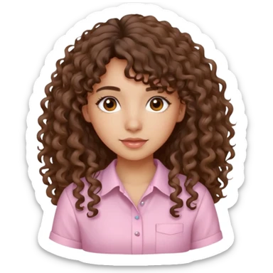 A Latina girl with brown eyes and long loose curly hair with curly bangs with a light pink shirt sticker