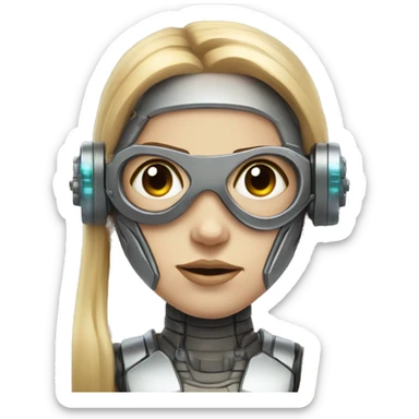 female cyborg head, fair skin, Brown long hair with blonde steaks, space age goggles and circuits sticker