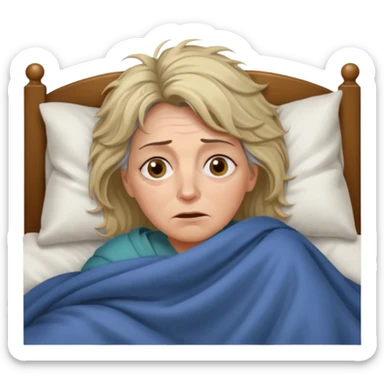 A 55-year-old woman lying in bed at night, unable to sleep. She looks exhausted and desperate, with visible dark circles under her eyes, tired facial expression, slightly messy hair. She is under the blankets, staring at the ceiling.  sticker