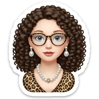 a blue eyed woman with very long brunette curly hair, full lips,and really pale skin. She is wearing a leopard printed thin round-ish glasses . She is wearing fully plain silky black dress. She is wearing pearl necklase and pearl earrings. saying hello sticker