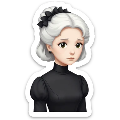 A Victorian woman with simple yet elegant coiffed white hair and light eyes wearing a modest unadorned monochrome black turtleneck mourning dress with puff sleeves looking down with a forlorn expression sticker