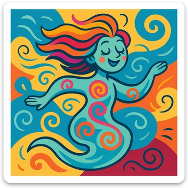 whimsical flowing spirit with wind-blown hair and swirling patterns symbolizing freedom and lightness vibrant colorful style sticker