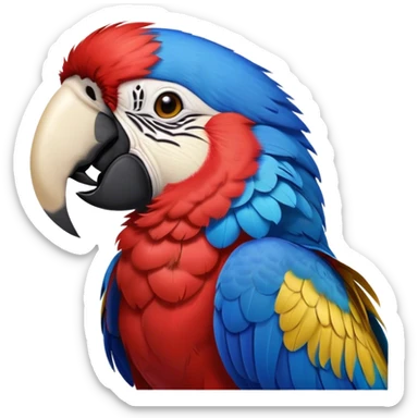 Cinematic Realistic Cute Yawning Macaw Portrait Emoji, Head tilted slightly with a dramatic, wide-open yawn, showcasing a soft, downy arrangement of vivid scarlet and blue feathers with gently drooping features and half-closed, drowsy eyes, rendered with lifelike feather detail and natural lighting, high shine, relaxed yet expressive, styled with a dash of tropical whimsy, soft glowing outline, capturing the essence of a sleepy yet affectionate macaw that appears ready to rest its wings in a quiet, enchanted moment! sticker