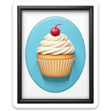A 3D cartoon cupcake advertisement poster hanging on a wall, visible border, flat lighting, Memoji-style. sticker