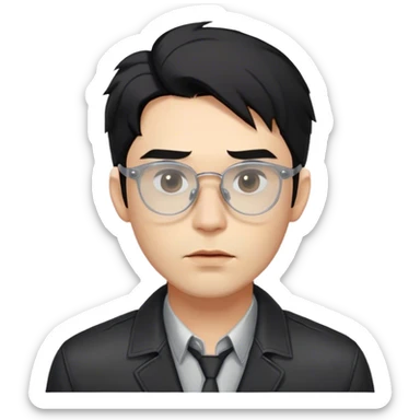 The person (male) has a sharp jawline, with hollow cheeks ,slightly messy hair (black) falling over their forehead. They are wearing transparent glasses with a , a collared shirt, and a dark jacket. Their lips are slightly pursed, and they have a calm, neutral expression. sticker