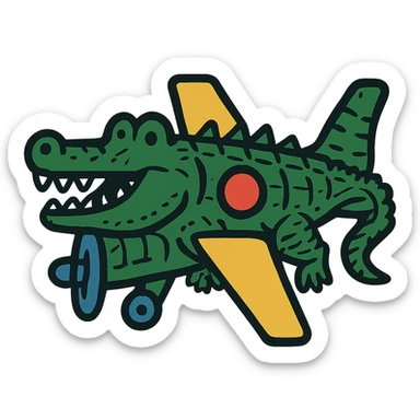 Make the war plane and crocodile fusion much more crocodile-like, emphasizing crocodile features such as the head, scales, teeth, and tail, while keeping the original bold illustrative style. Maintain a transparent background. sticker