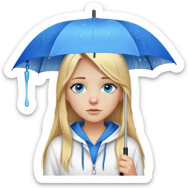 Cinematic realistic emojis in the form of a blonde girl with long hair, blue eyes and a straight nose, wearing a white hoodie, holding an umbrella above her, on which rain is dripping sticker