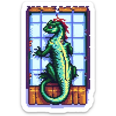 pixel art of a mythic basilisk wrapped protectively around the Windows symbol, 8-bit style sticker