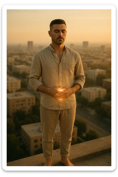 A cinematic portrait of a calm and composed man in his mid-30s, with light stubble and a defined jawline, standing alone on a rooftop at sunrise overlooking a quiet modern city. He’s wearing minimalist, earth-toned clothing — a linen shirt loosely buttoned, neutral joggers, barefoot. His hands rest gently over his abdomen in a meditative posture, eyes half-closed, reflecting clarity and focus. The early morning light bathes his face and body in soft gold, symbolizing renewal and healing. Around him, the city is still asleep, with only faint traces of life below. The air feels clean and silent. Subtle glow effects radiate gently from his chest and abdomen, suggesting internal regeneration. 35mm film style, shallow depth of field, realistic human textures and cinematic color grading with warm and natural tones. sticker