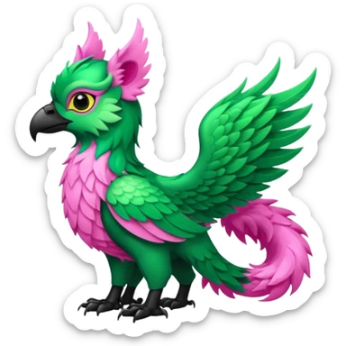 Emerald-green gryphon with a long tufted tail, black beak, pink swirly pattern markings, black claws, black tail, majestic, realistic, furry (full body) sticker