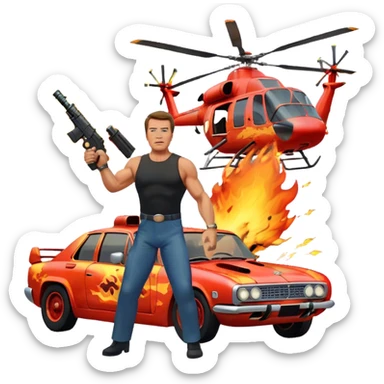 Icon for Action Movies: Arnold Schwarzenegger in the lead role, in an intense action pose with weapons, explosions, a car and helicopter flying out of flames in the background. The design should capture the explosive energy and heroism of classic action films. Transparent background. sticker