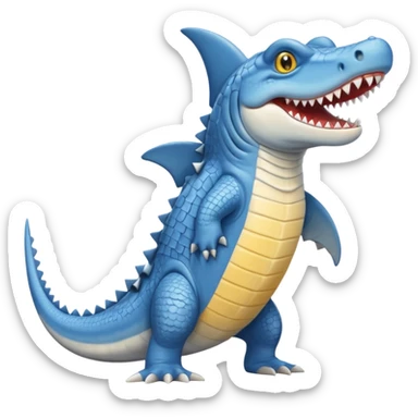 Appearance: The character is predominantly blue with a lighter belly and yellow eyes.
Features: It has large teeth, a shark-like fin on its back, and a tail.
Attire: The crocodile is wearing a pair of light blue and white sneakers.
Pose: It is standing upright on its hind legs. sticker