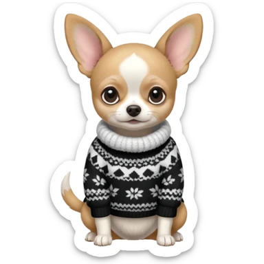 Full White and black Chihuahua - tiny, chubby and big ears. Full body with sweather sticker