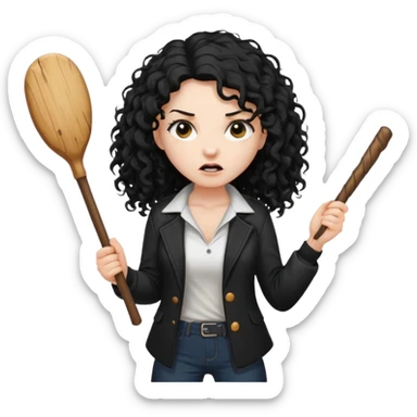 Hey, please generate me an emoji that depicts a woman white skin long black curly disheveled hair slightly thicker, she is wearing a white T-shirt and a black unbuttoned jacket she is furious she is holding a large wodden STICK  sticker