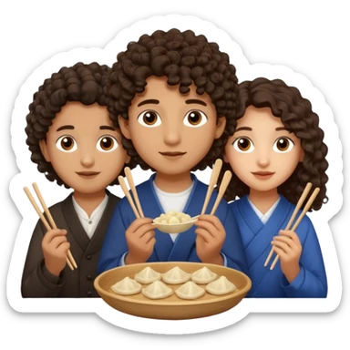 Can you create an emoji of three 23 year olds eating dumplings. One boy with wavy curly hair and one Jewish girl with long dark brown curly hair and one half Indian / half white girl with mid length straight dark brown hair. All brown eyes sticker