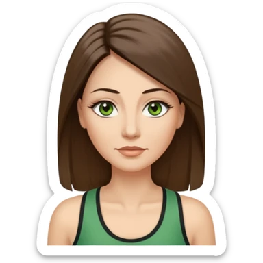43 year old Adult woman avatar, light skin tone, long, oval face, long straight ashy brown hair, green almond-shaped eyes with dramatic eyelashes and minimal eyeliner, neutral mouth, medium straight eyebrows, average nose, smooth skin, high-neck tank top  sticker
