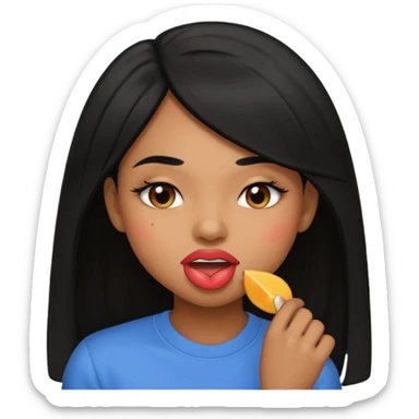 Brown light skin girl straight black hair biting her down lips and blushing sticker