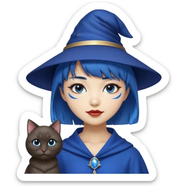 an asian short haired girl with electric blue highlighted short hair with bangs, with her silver left eye and dark brown right eye, with black cat eyed style eyeliner, and smirk of natural toned lipstick, with wizard hat with moon emblem on his hat. sticker