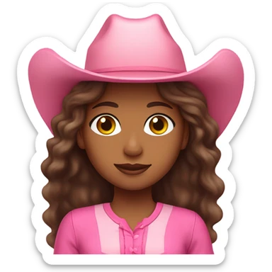Brown girl with Long brown wavy hair pink outfit and pink cowgirl hat sticker