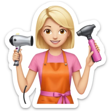 smiling blonde woman hairstylist, pink t-shirt, orange apron, hands raised, holding scissors and hairdryer sticker