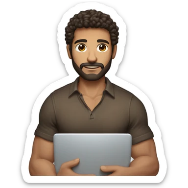 tall men holding his computer in hands. light brown skin men with curly dark brown hair, brown eyes, little grown beard. imposing, bit muscular build. dressed casual. sticker