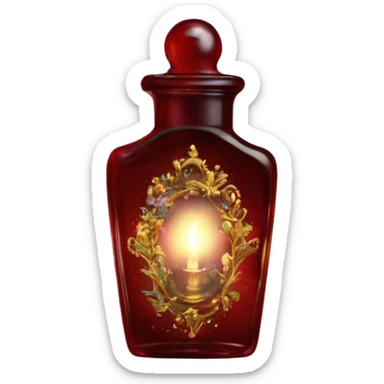 Dark red magic fairy light sparkling old Antique oil perfume bottle with herbal and flowers sticker