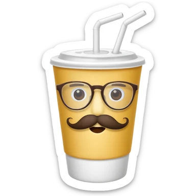 paper cup and white straw, the cup has eyes and mouth and glassess and mustache sticker