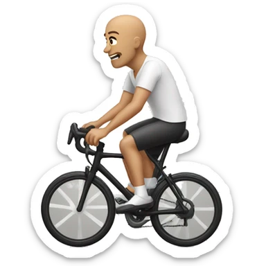 Bald man cycling with a black bicycle sticker