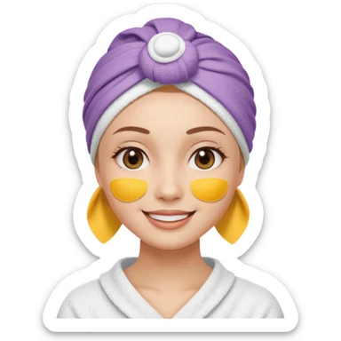 3D emoji style woman with towel head wrap, under-eye patches, smiling softly, clean girl skincare aesthetic, soft studio lighting, smooth skin texture, minimalist beige background, high resolution, PNG sticker