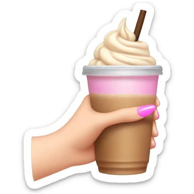white left female hand with long pink nails clutching iced  coffee sticker