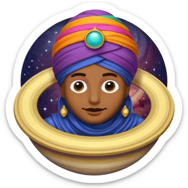 A bold emoji-style illustration with Saturn 🪐 as the dominant element, clearly showing its bright rings. Inside the planet, a stylized man wearing a colorful turban 👳🏾‍♂️, depicted as a mystical or adventurous character, sitting or floating within Saturn, integrated with the planet’s texture. . sticker