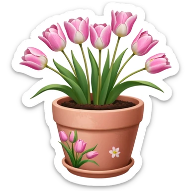 pink tulips in a plant pot in terra cota with white and pink flowers hand painted on the pot  sticker