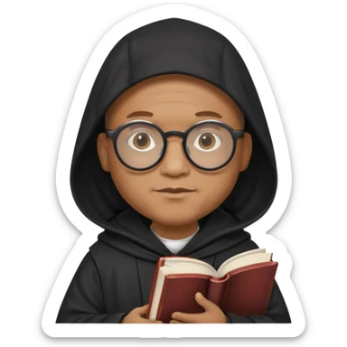 Monk priest prayer black habit with hood round black glasses done light brown wavy hair under hood remove the medallion smaller more round glassed age 46 no necklace more oval face hand holding book that says RB 480 sticker