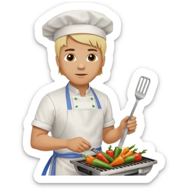 man with tied blond hair and and a white apron grilling vegetables on a sizzling grill sticker