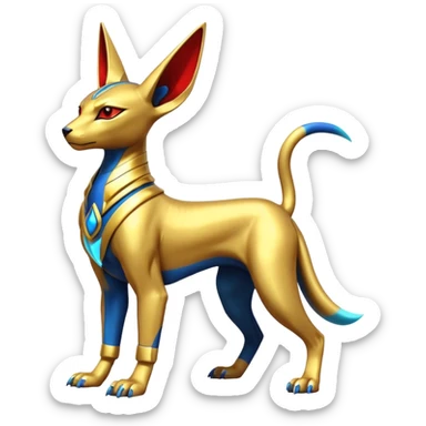Modern futuristic shiny colorful Anubis-Sphynx-Lombax-Zeraora-Renamon-fusion (full body) sticker