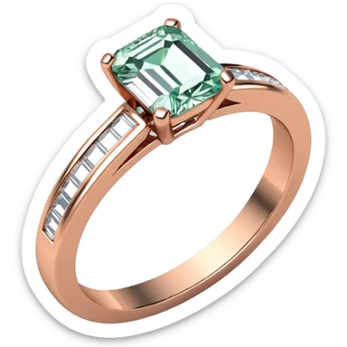 A rose gold, emerald cut diamond engagement ring. The band is a half eternity band sticker