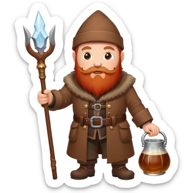 I need a image of a small dwarf in a brown coat with a red beard and a staff with ale in it, walking over and pouring the ale out of the tip of his staff sticker