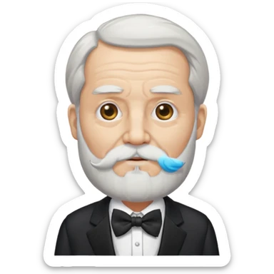 um sábio bem velho, cego de um olho, com barbas brancas e longas, usando um terno com gravata borboleta sticker