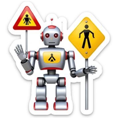 friendly robot with a helping hand and a warning sign representing an AI agent for reporting child abuse sticker