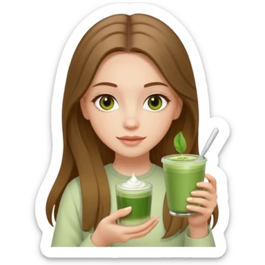 white long brunette hair girl with hazel eyes wearing light who is holding matcha sticker