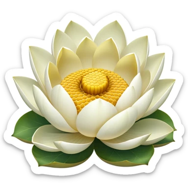 White lotus flower with botanically accurate yellow seedpod center showing honeycomb-like pattern of seed chambers, surrounded by white petals and accurate notched lotus leaf sticker
