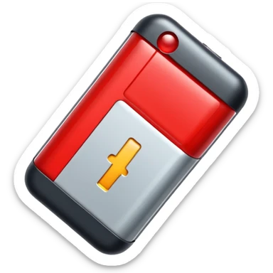 iPhone-style emoji of a battery that is almost empty, with a small red bar at the end indicating low energy. Clean, minimal, glossy look, transparent background. sticker