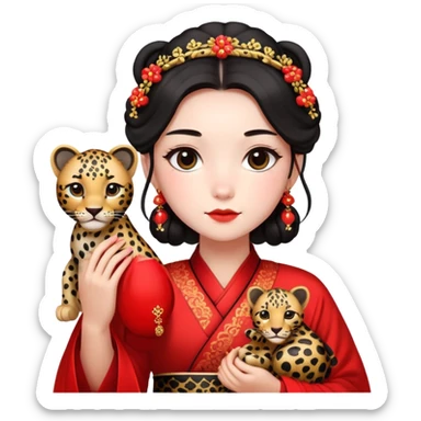 A beautiful girl in red Hanfu wedding dress is holding a black leopard sticker
