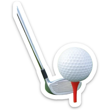 A golf ball on a tee, with a golf club placed beside it on the lush green fairway. The background shows a serene golf course with neatly trimmed grass and a clear blue sky, emphasizing the elegance and precision of the game. sticker
