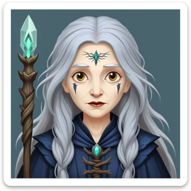 Baba Yaga sorceress woman with long wild hair, forest background sticker