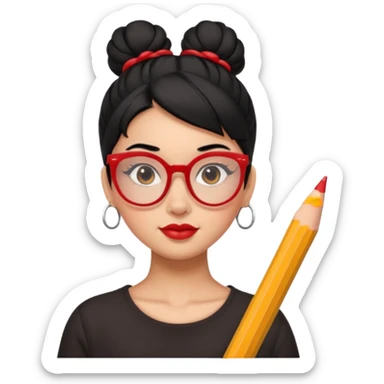 Morena girl with black hair in a pencil that creates a high bun hairstyle. She has red glasses sticker