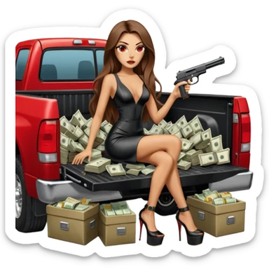 Lilith symbol red eye seductress evil long brown haired sexy succubus woman with leather long dress with slit, sitting in Big Large F350 pickup truck. Black Platform high heels on feet. Back of truck full of stacks of cash, sitting behind her is  a human skull with a gun in other hand sticker
