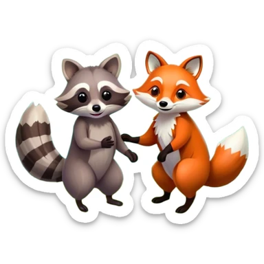 raccoon and a fox in a colorful forest with vibrant green trees, bushes and flowers. The animals are in the foreground, surrounded by a lush, bright forest, with soft sunlight filtering through the leaves. A playful and wild scene with a transparent background. sticker